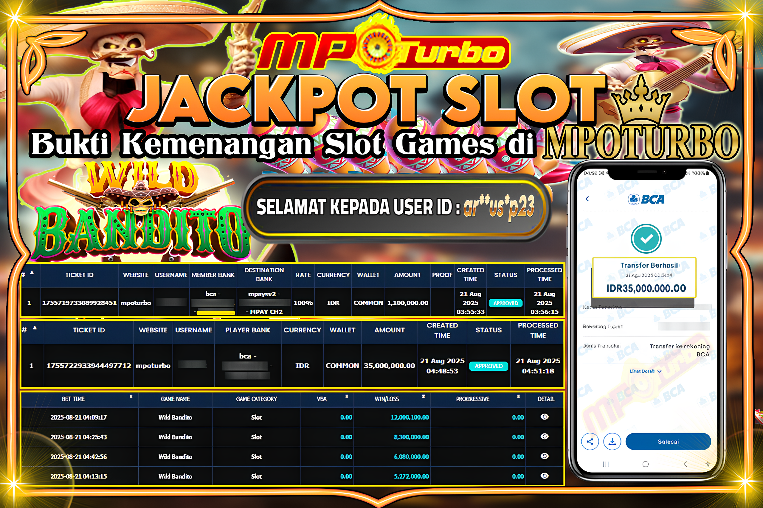 MPOTURBO JACKPOT SLOT wild bandito Rp 35.000.000.00,- LUNAS
